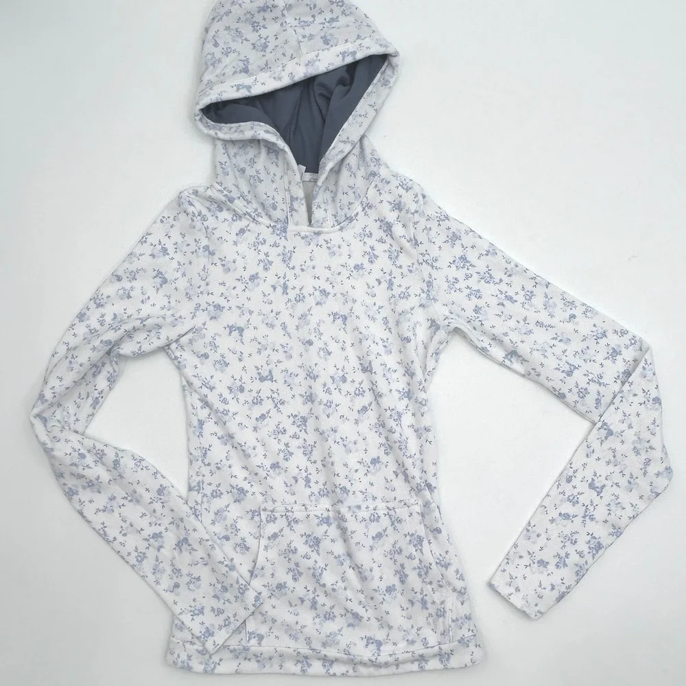 Hollister Blue Floral Flannel Pajama Set Hooded Top Lounge Sleepwear coquette